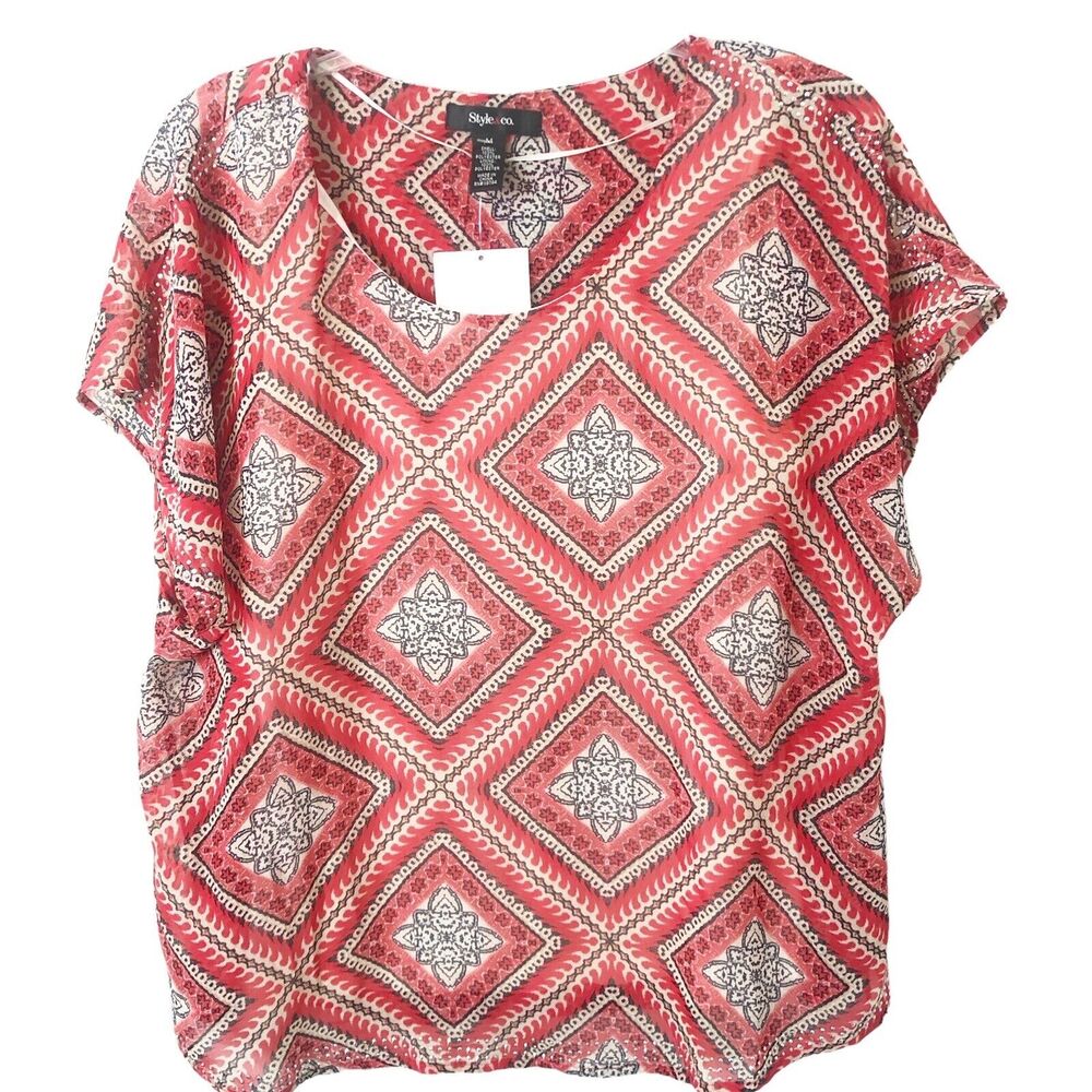 Style & Co. NWT Short Cap Sleeve Red Patterned Semi-Sheer Blouse w/Tank Medium